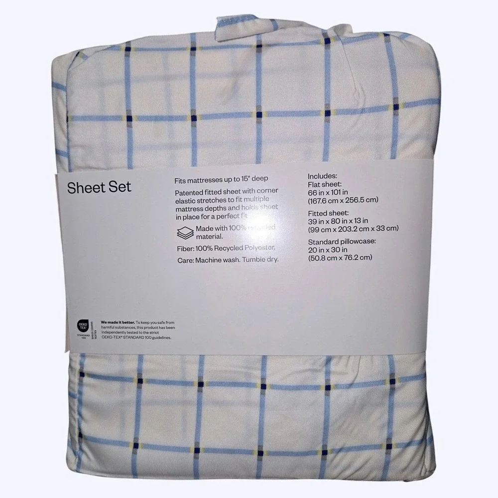 Room Essentials Twin/Twin XL Sheet Set Microfiber Blue White Plaid 3pc New